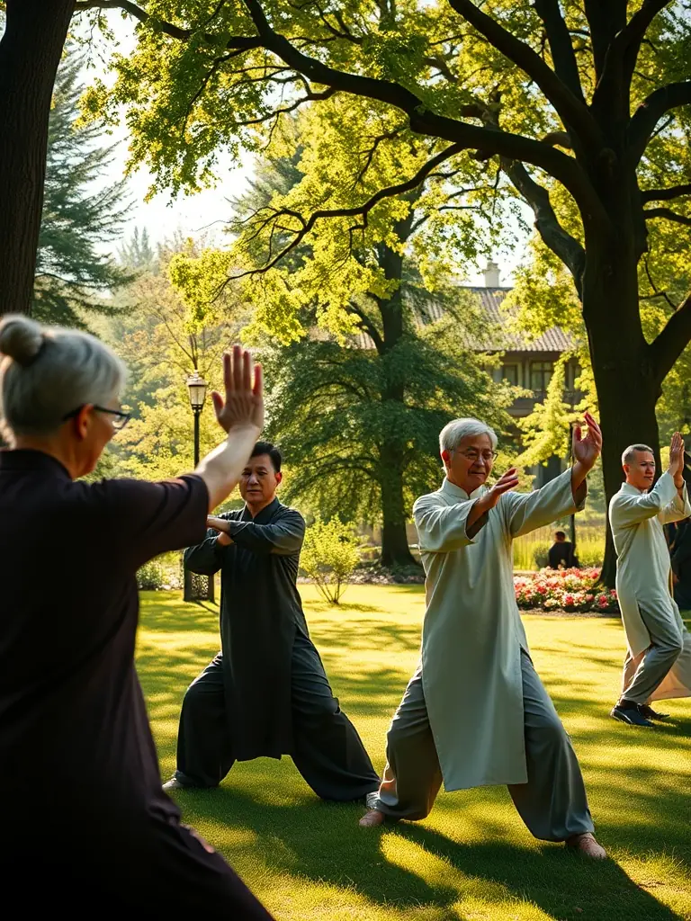 A group of Tai Chi students participating in a collective practice session outdoors, fostering community and shared learning.
