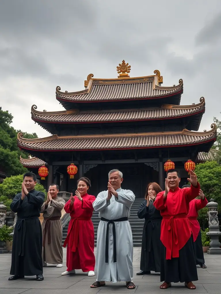 A group of Tai Chi students participating in a cultural exchange program in China, visiting a temple.