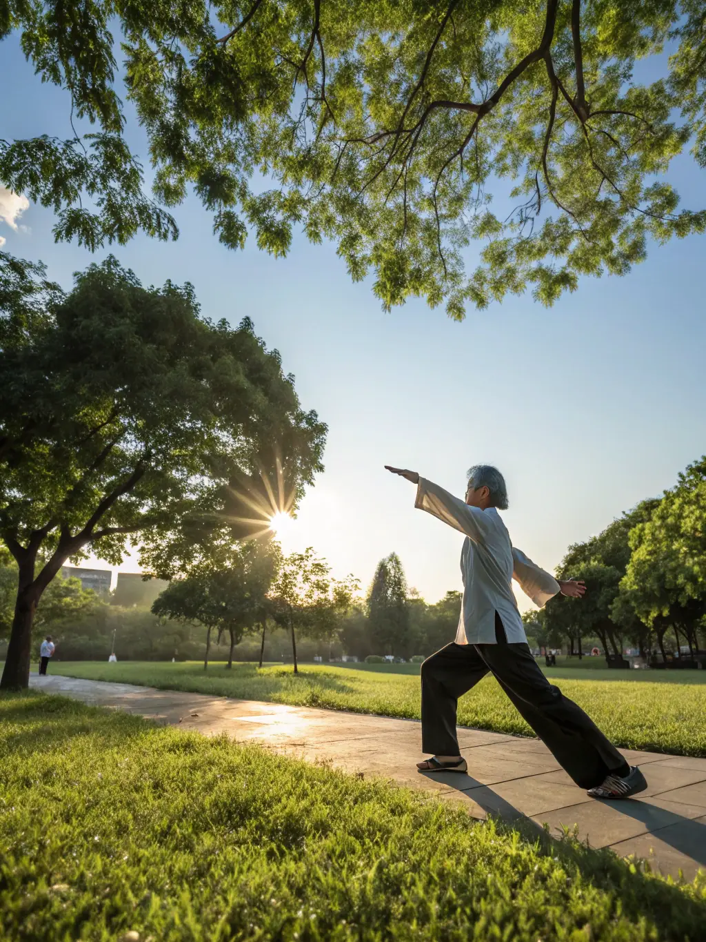 A serene image of a Tai Chi workshop in a park setting, participants practicing under the guidance of an instructor, with soft morning light filtering through the trees, capturing the essence of mindful movement and community.