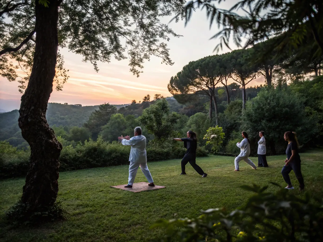 A group of Tai Chi students practicing forms in a serene outdoor setting, focusing on synchronized movements and mindful breathing, representing the collective practice sessions offered by A LA FONTAINE DE TAICHI - DECAZEVILLE.