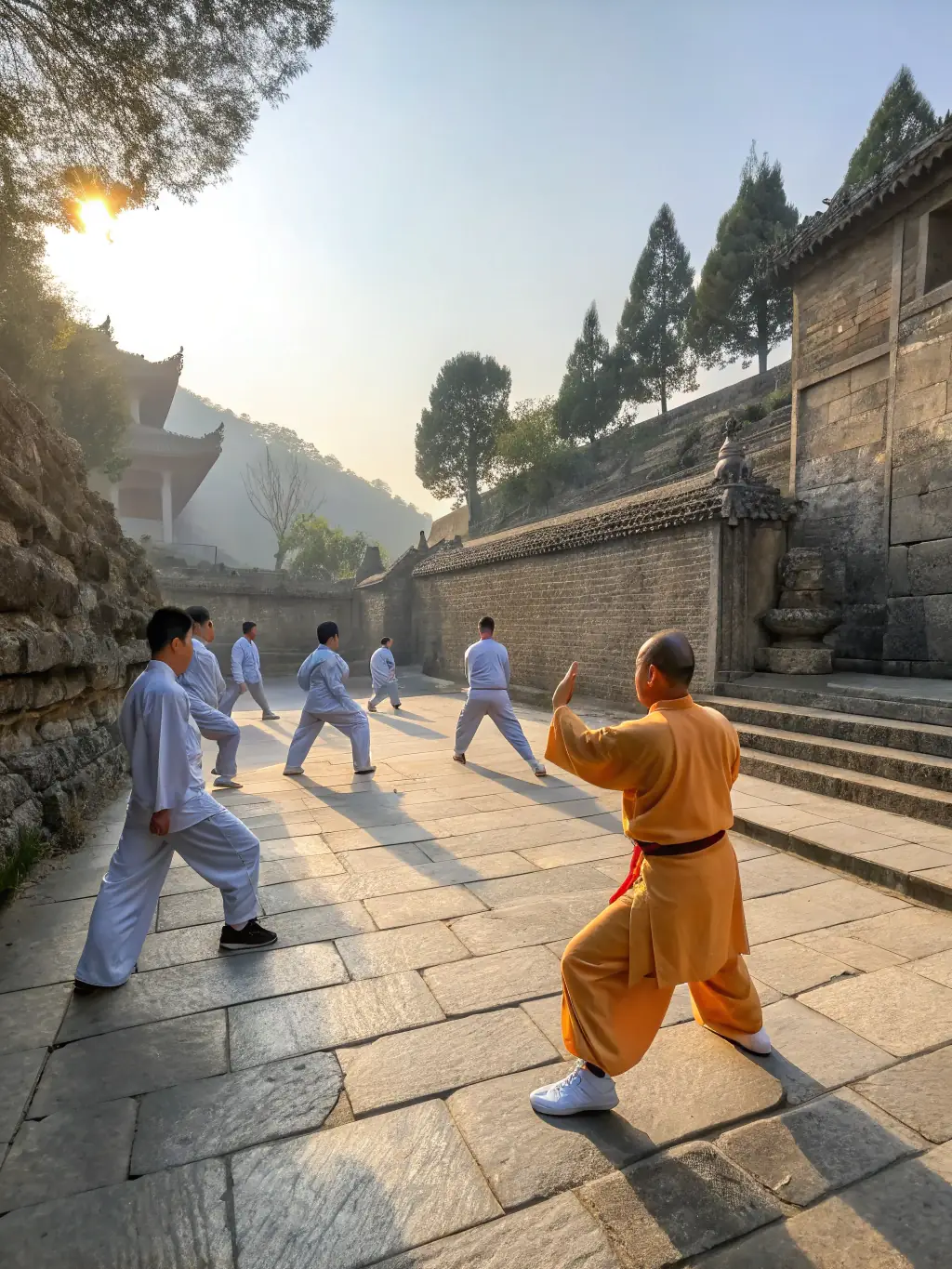A group of Tai Chi practitioners visiting a historical site in China, immersed in the local culture and traditions.
