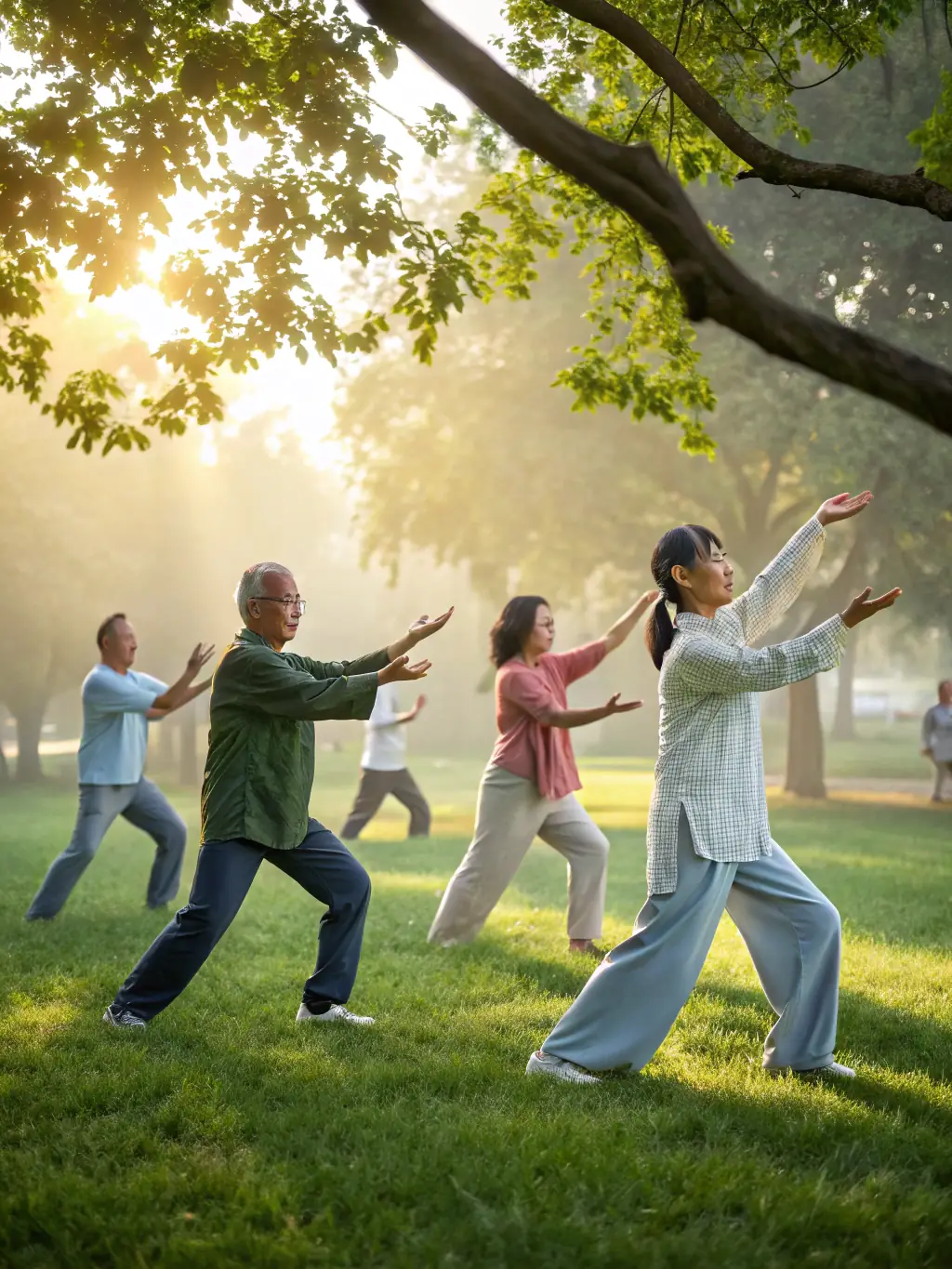A diverse group of people practicing Tai Chi together in a park, smiling and supporting each other.