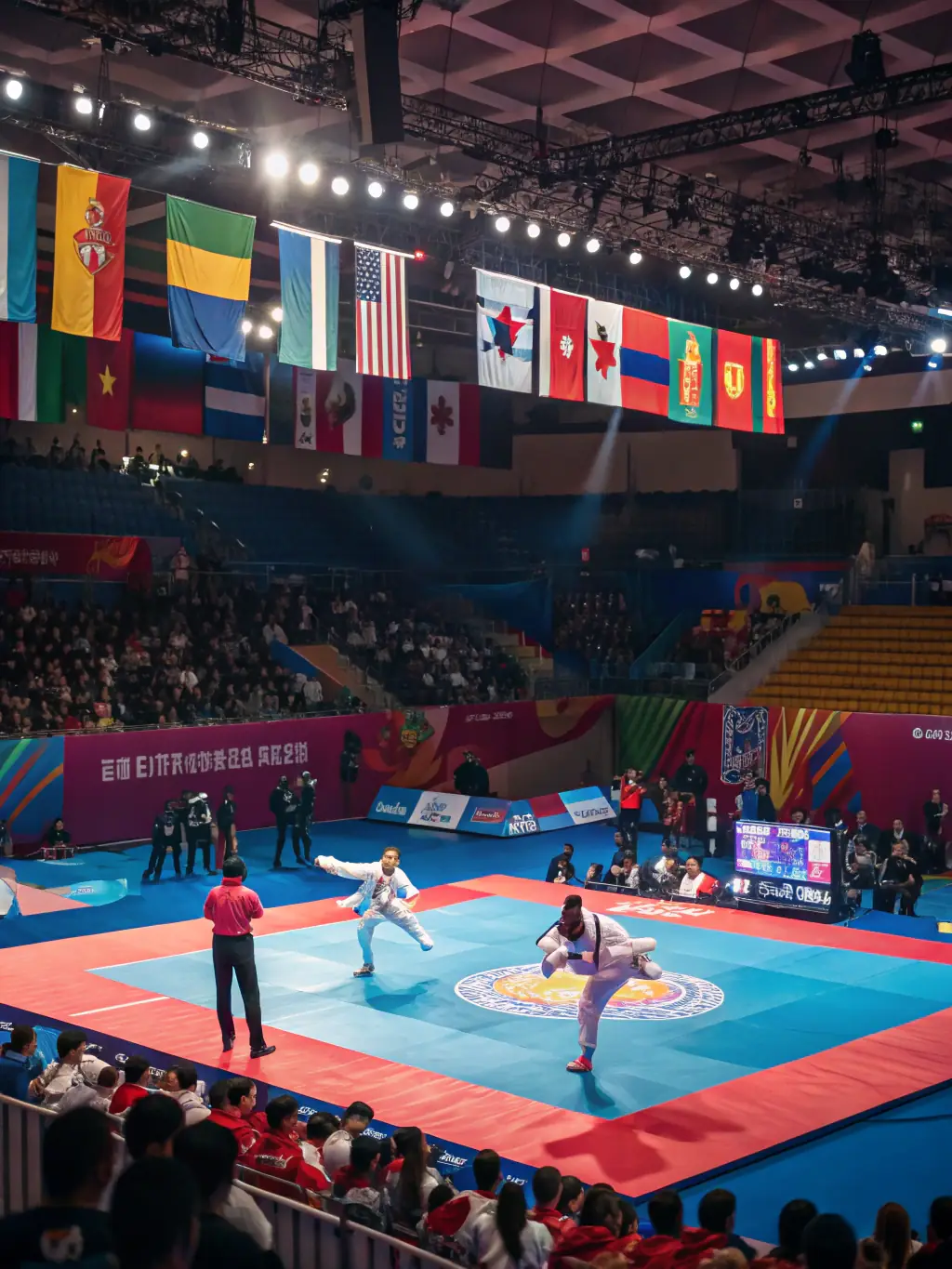 A dynamic photo capturing the energy of a Tai Chi competition, showcasing participants in various forms and stances.