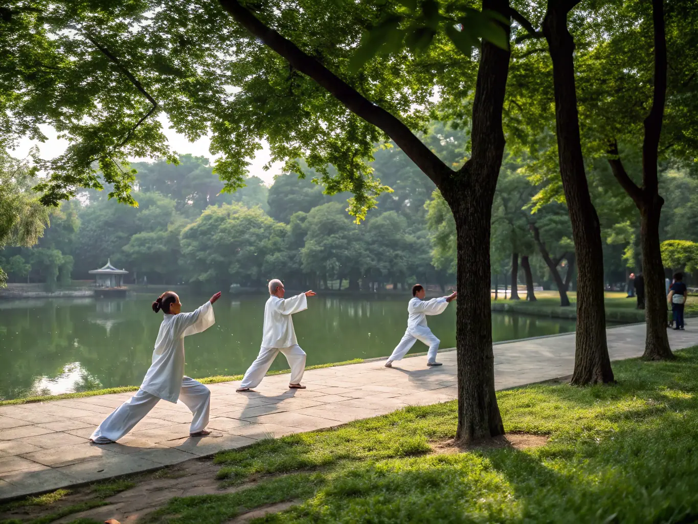 A group of Tai Chi enthusiasts visiting a traditional Chinese garden, engaging in cultural exchange and learning about the historical roots of Tai Chi, representing the cultural travel and exchange programs offered by A LA FONTAINE DE TAICHI - DECAZEVILLE.