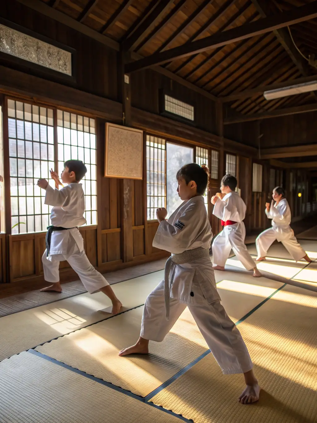 An image of a group of students practicing Tai Chi sword forms in a traditional studio setting, emphasizing the elegance and discipline of the practice, with swords glinting in the light.