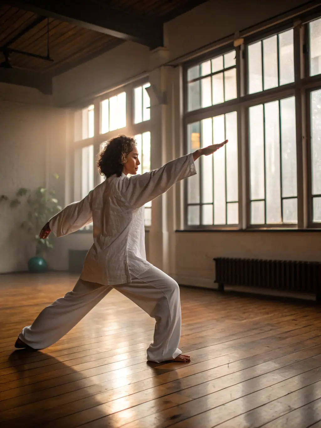 An instructor guiding a student through a Tai Chi form, with a focus on proper technique and alignment.