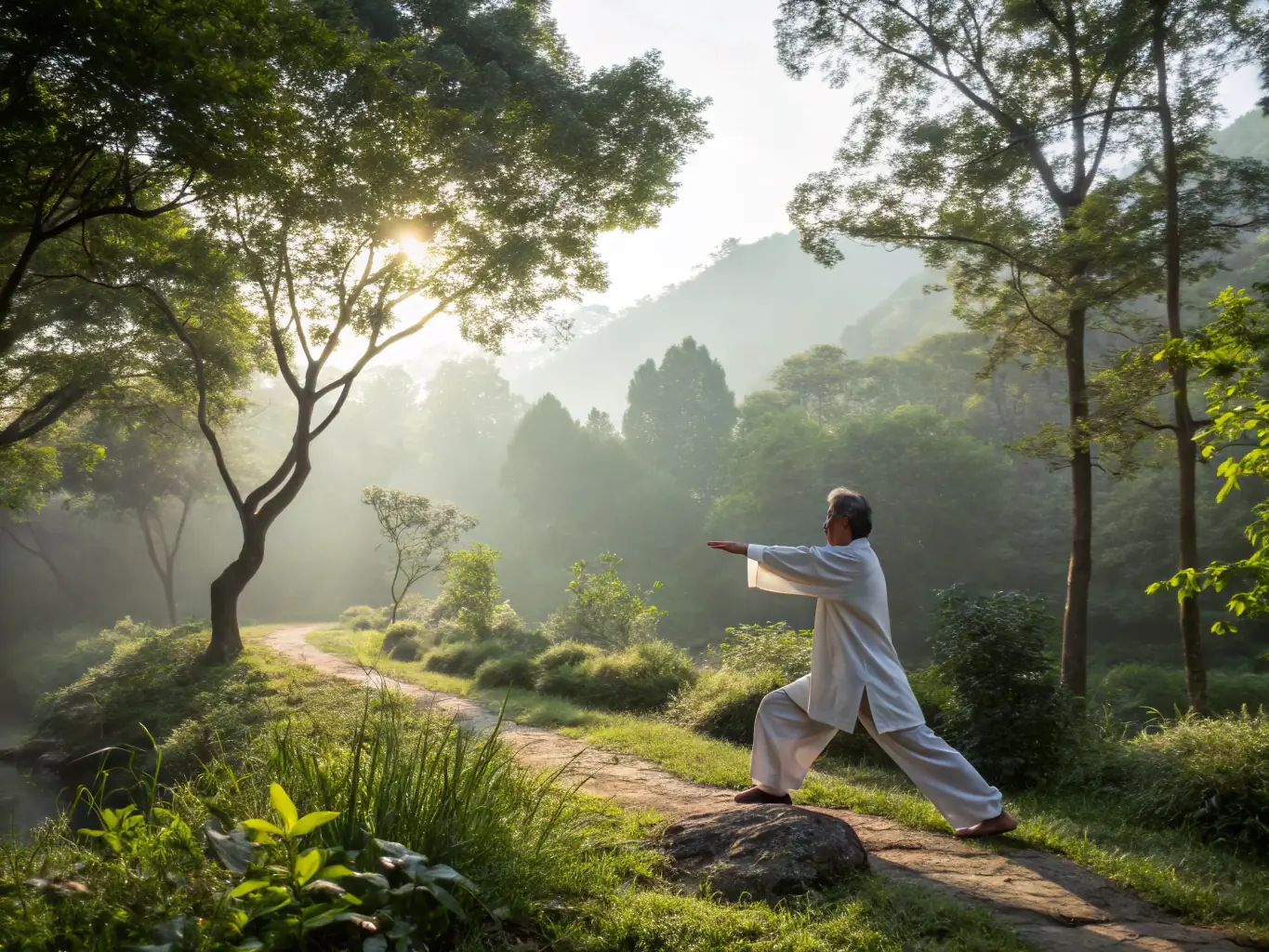 A dedicated student practicing Tai Chi forms under the guidance of an experienced instructor, highlighting the personalized attention and skill development offered in the instructor training program at A LA FONTAINE DE TAICHI - DECAZEVILLE.