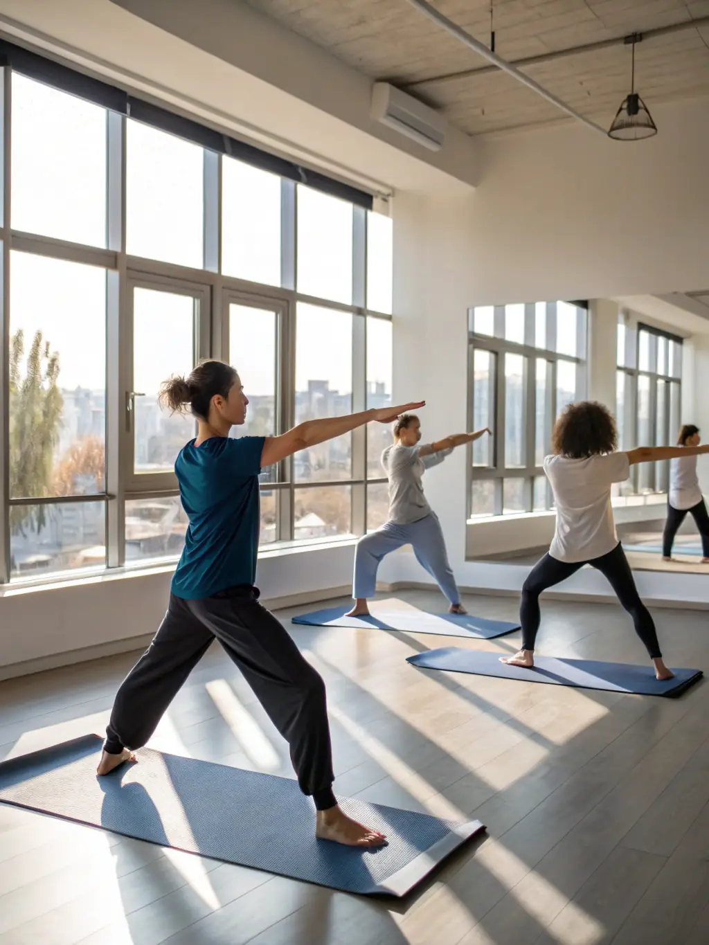 A serene image of students practicing Yangjia Laojia Tai Chi in a sunlit studio, focusing on their graceful movements and postures.