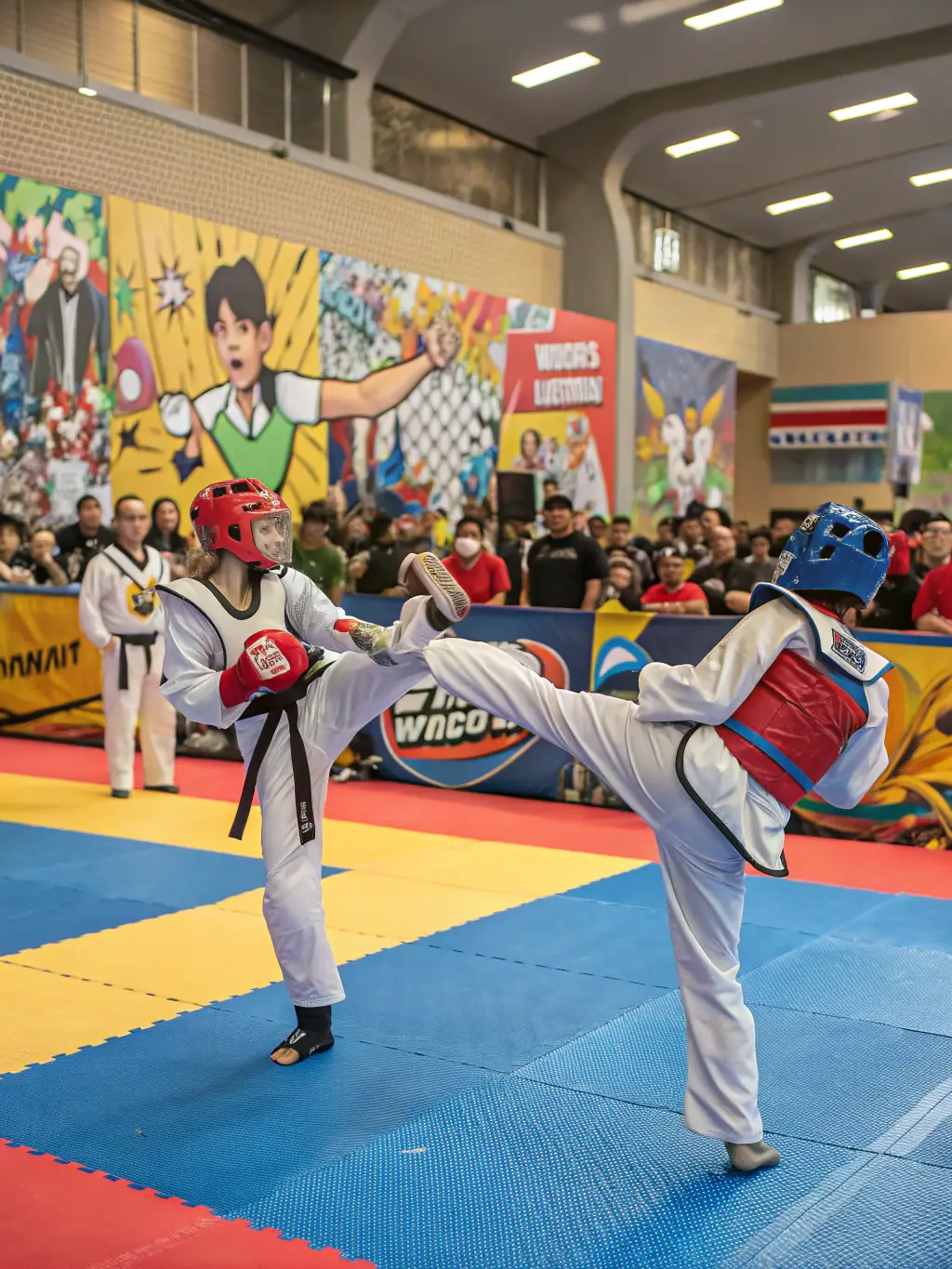 A dynamic photo of a Tai Chi competition, showcasing participants in various stances and forms, demonstrating the precision and power of the martial art, with a focus on the energy and concentration of the performers.