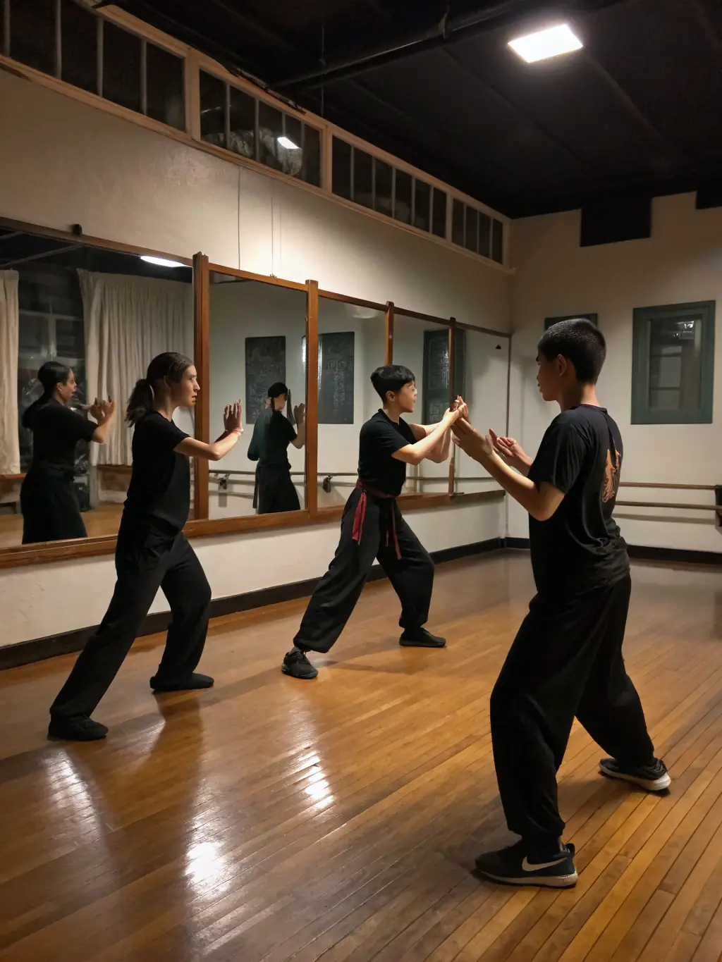 A group of students learning Tai Chi sword forms during a specialized workshop, emphasizing precision and coordination.