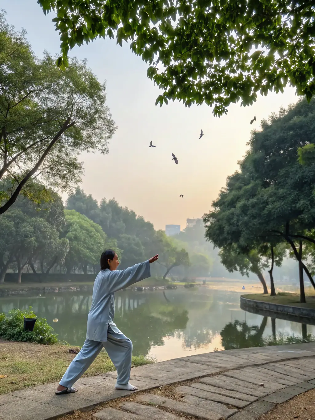 A serene image of participants practicing Tai Chi in a park during a morning workshop, focusing on posture and breathing techniques.